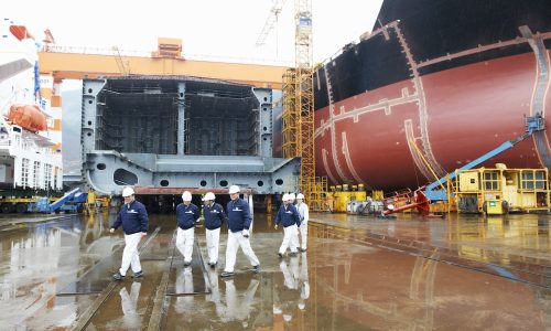 Workers walking across shipyard, GoSeong-gun, South Korea